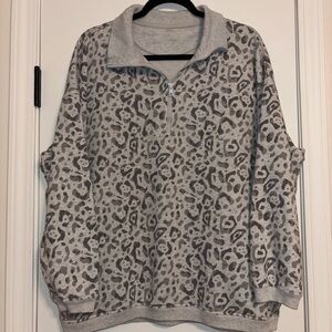 Gray Leopard Print Quarter-Zip Pullover Aerie oversized medium